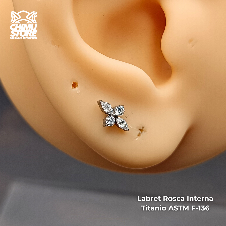 NEW Labret Titanio ASTM F-136 - Flor Long 4 Petalos Zirconias (1,2mm;6mm) (16G)