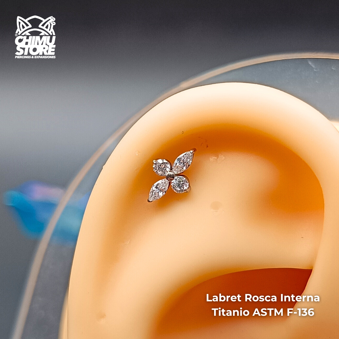 NEW Labret Titanio ASTM F-136 - Flor Long 4 Petalos Zirconias (1,2mm;6mm) (16G)